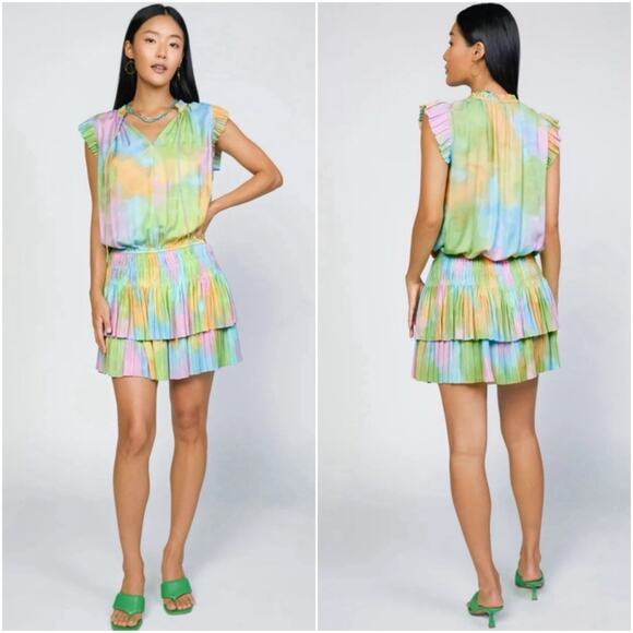 Anthropologie Current Air Zoey Rainbow Pastel Cotton Candy Pleated dress Small - Picture 1 of 7